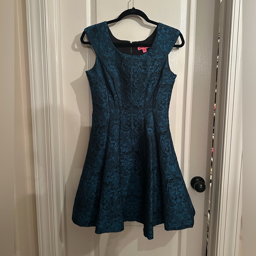 Betsy Johnson A-Line Turquoise & Black Brocade Cocktail Dress Size 2